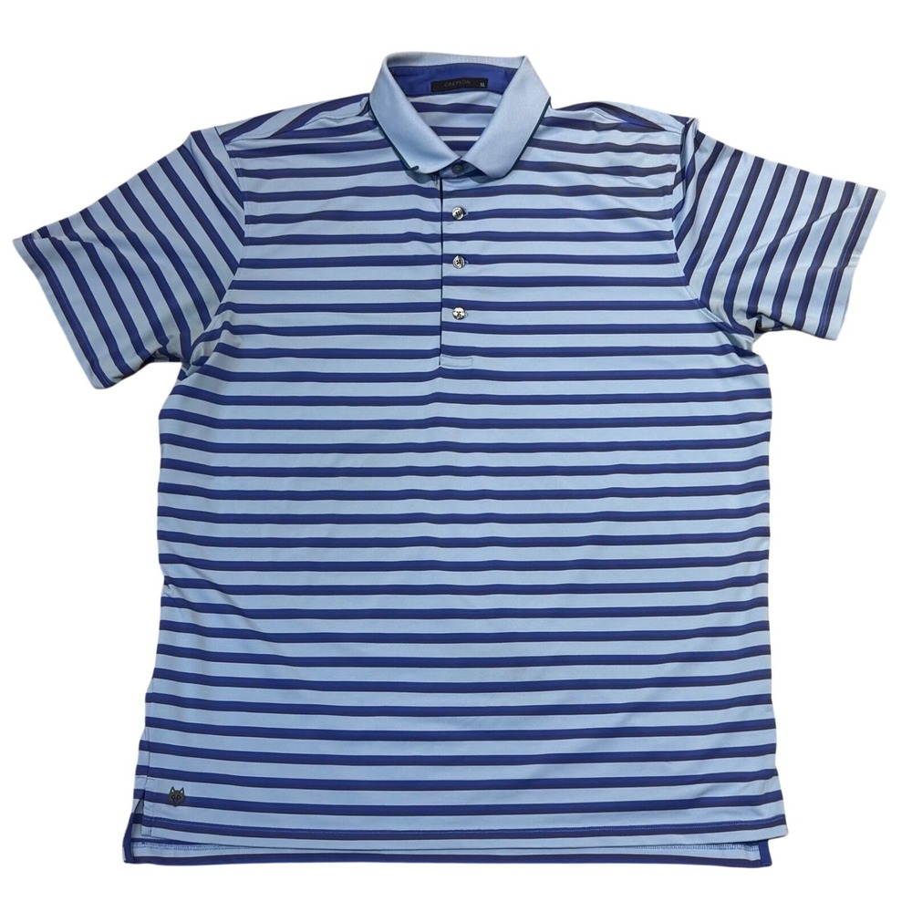 Greyson Mens XL Blue Striped Short Sleeve Golf Polo Shirt Wolf Logo Made in Peru
